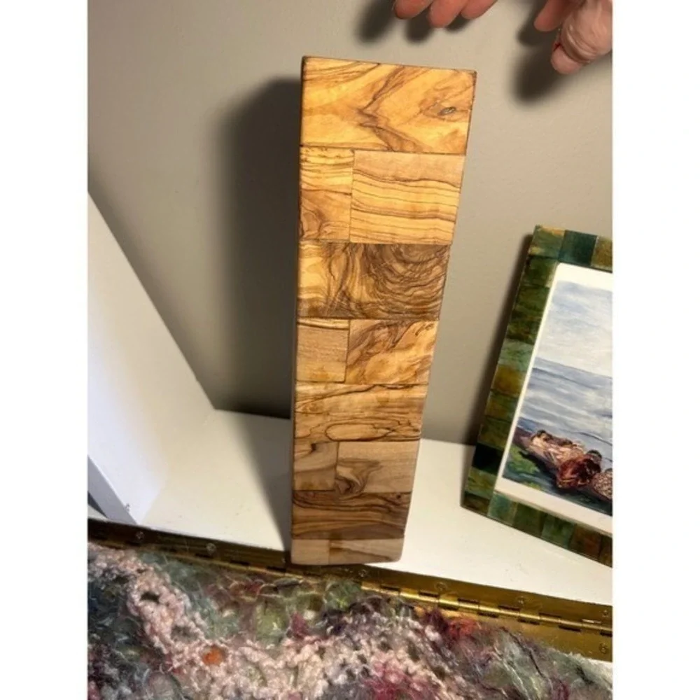 Olive Wood Patchwork Rectangular Vase Decorative‎ Mosaic Wood Holder 10.5 Inch